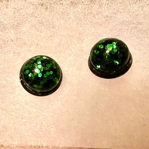 Handmade Emerald Green Glitter Pierced-Earrings Studs